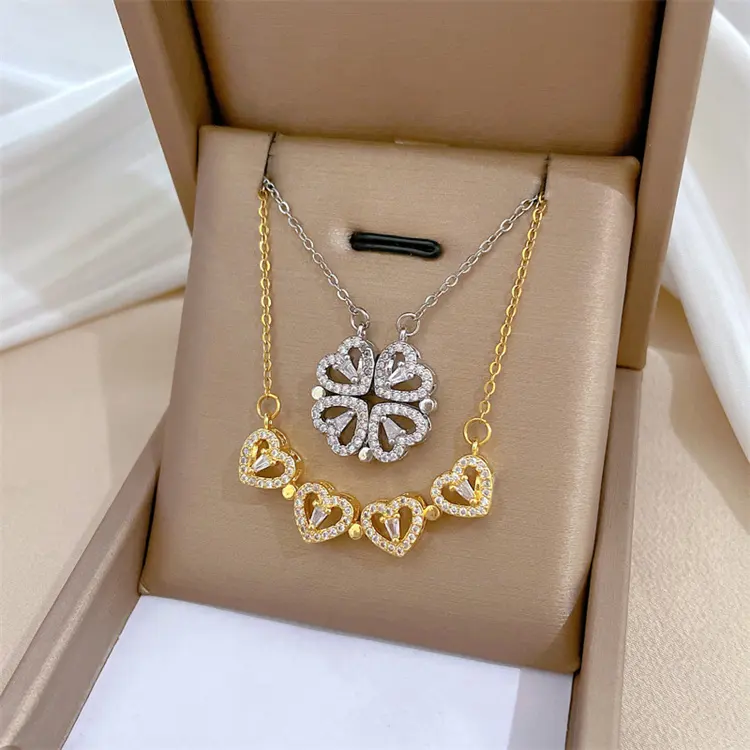 Wholesale Women Stainless Steel Fashion Jewelry Love Shaped Design Zircon Four Leaf Clover Pendant Necklace