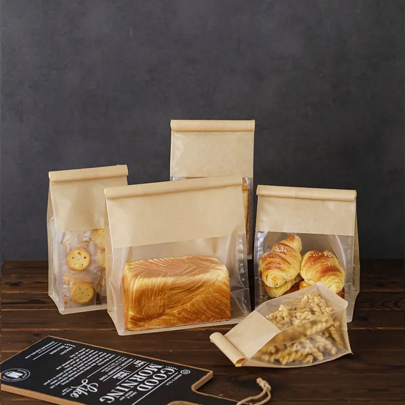 Крафт-бумага, тост, хлеб, фаст-фуд, упаковочный пакет с тремя боковыми окнами и верхним уплотнением железной проволоки