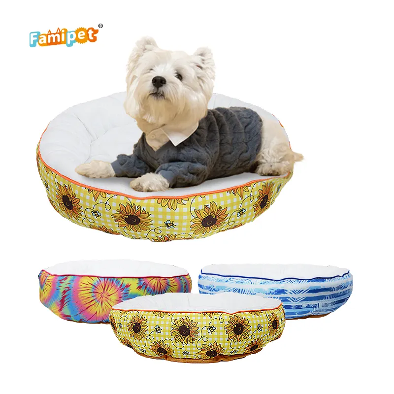 Famipet personalizado nuevo diseño redondo suave lavable cómodo Donut calmante mascota gato perro cama con fondo antideslizante