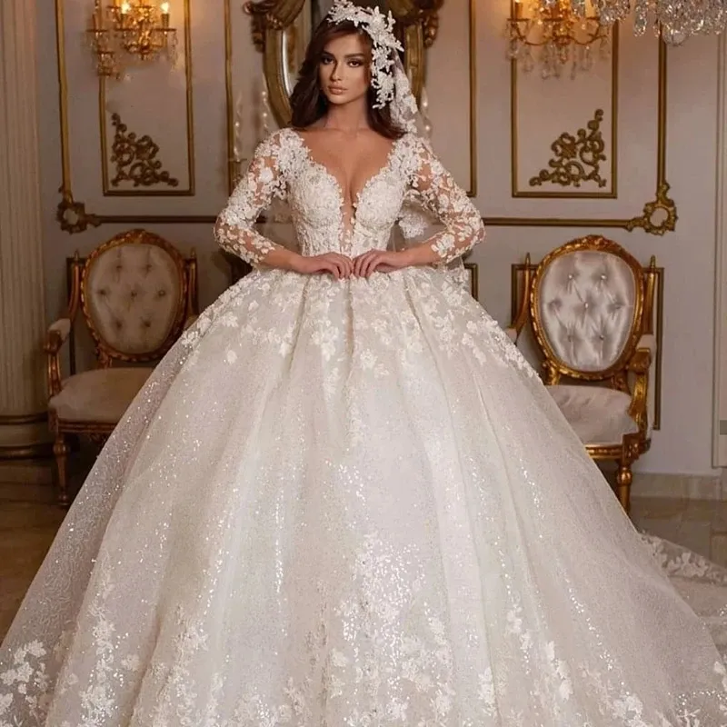 Vestido de noiva vintage de renda 2024 para noiva, vestido de baile de princesa de tule brilhante com miçangas, vestido de noiva luxuoso de mangas compridas, Mumuleo