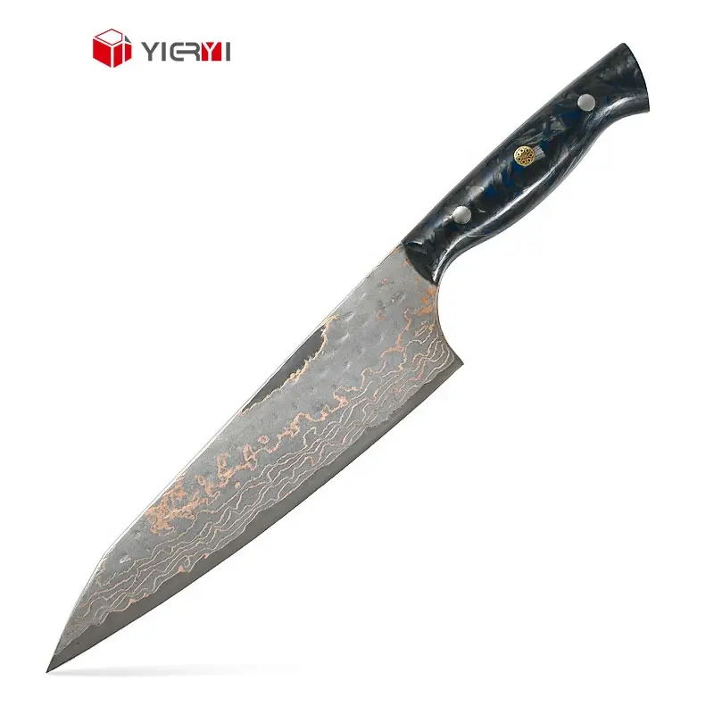 Koperen Damascus Gyuto Verkoolde Houthars Handvat Professionele Handgemaakte 8 Inch Hoge Koolstofstaal Japans Keukenmes