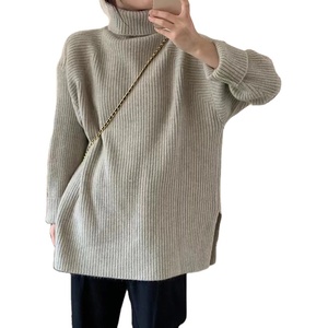 One Size Loose High Necked Sweater Women's Autumn and Winter New Design <strong>Feeling</strong> Split Mid Length <strong>Bottom</strong> Top - Product Image 1