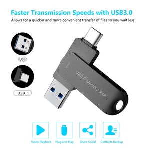 最佳批发价手机电脑Pendrive内存驱动器Usb C型2合1 128Gb 256Gb Usb 2.0 3.0金属旋转2合1 Usb闪存驱动器