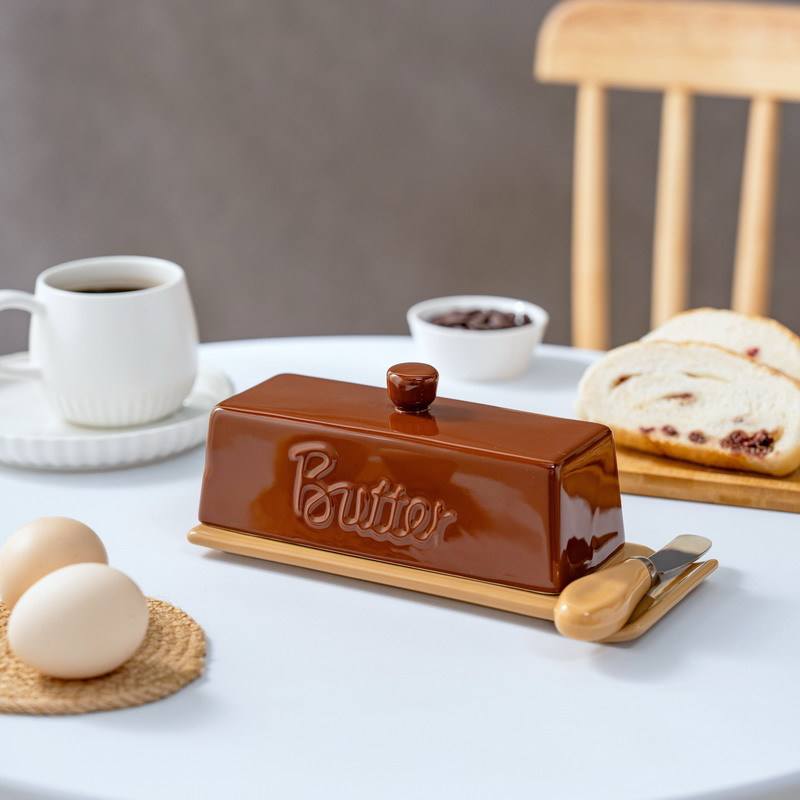 Plat à beurre brun et blanc (avec couteau)