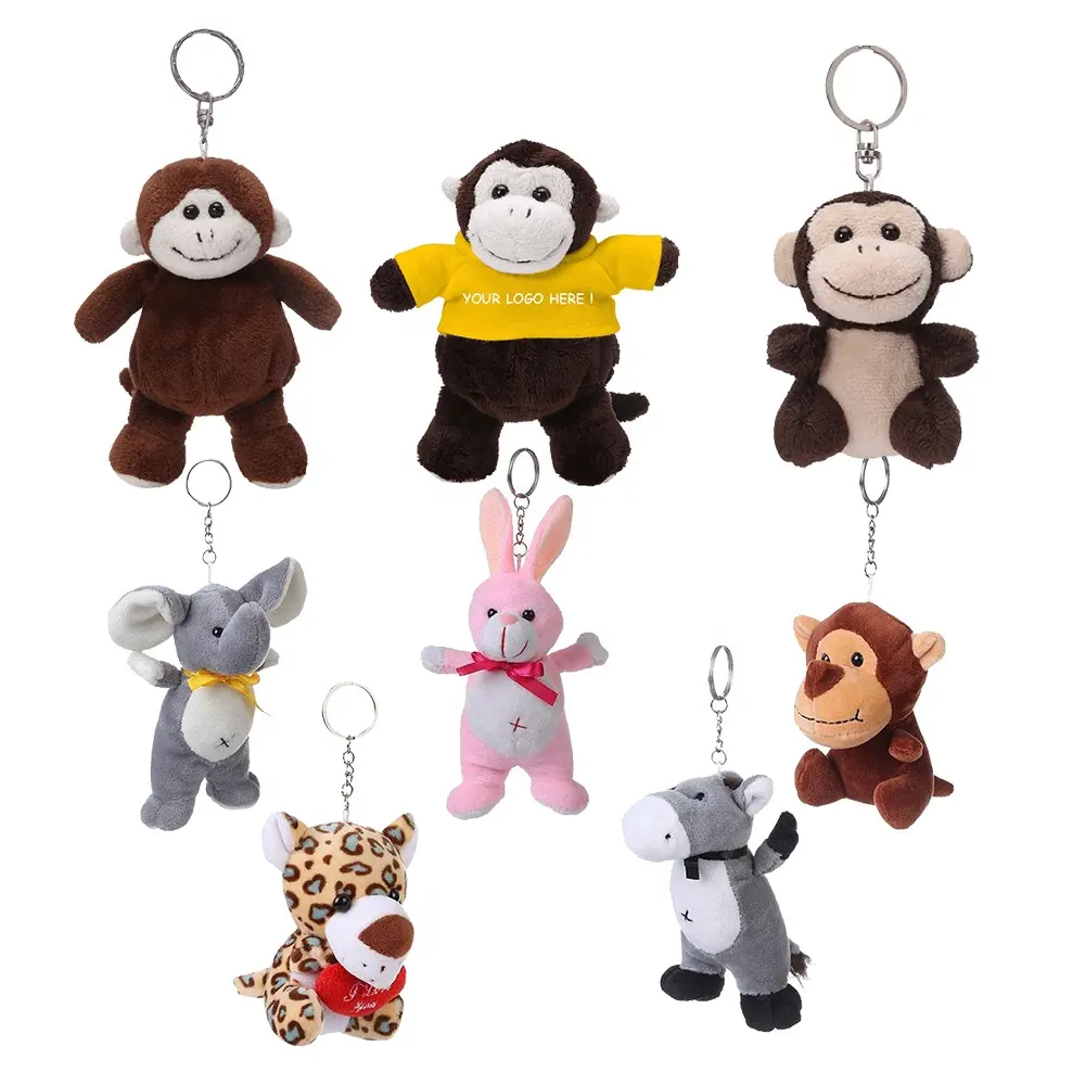 Porte-clés peluche personnalisé pas cher animal singe éléphant usine gros porte-clés peluche avec t-shirt logo personnalisé