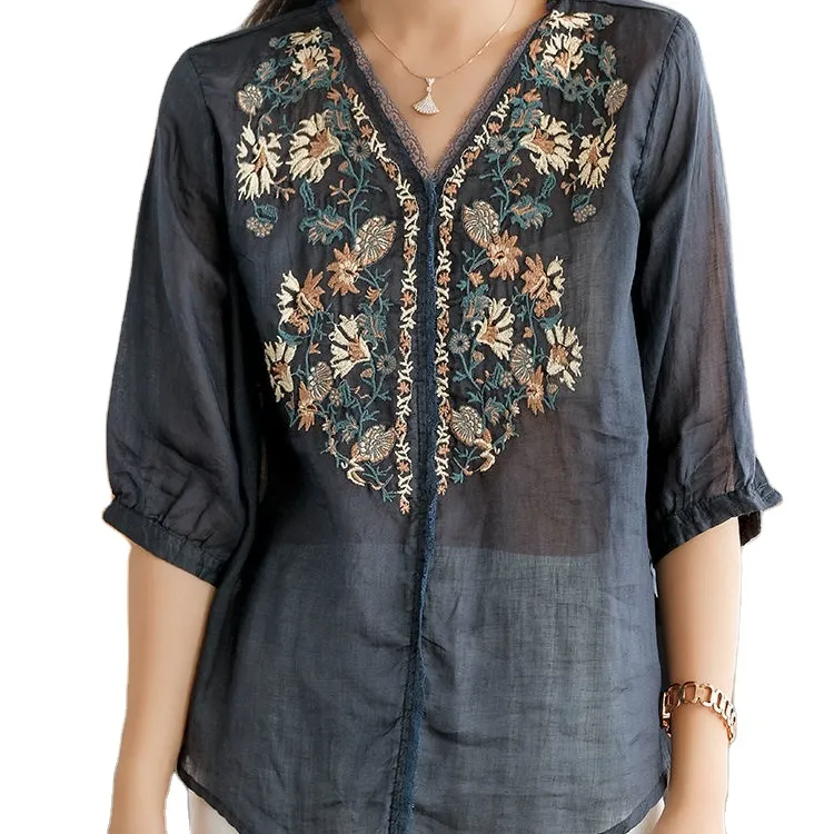 Blusa informal de manga 3/4 con cuello de pico, Top bohemio bordado