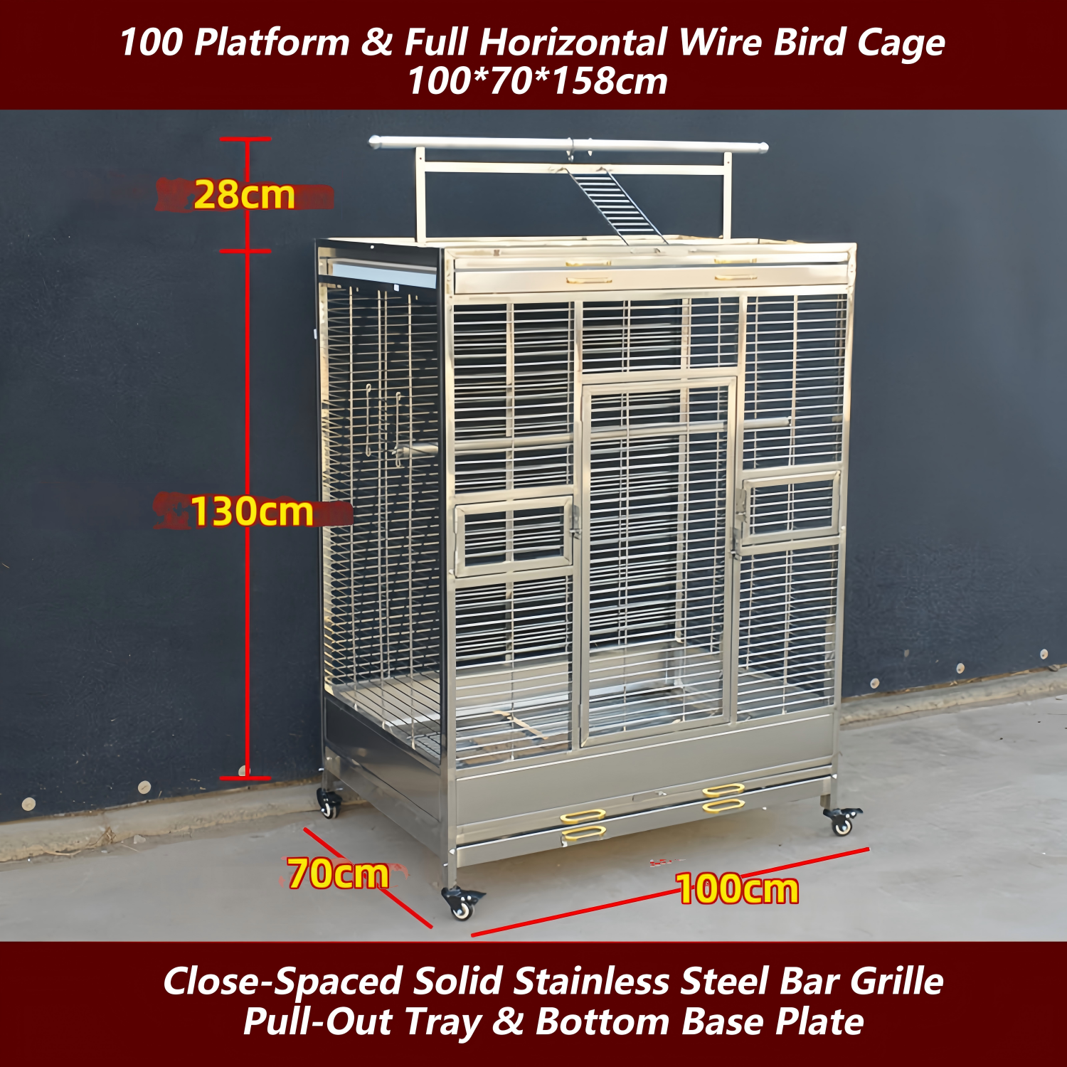 Cage à oiseaux horizontale complète en fil d'argent 100, plateforme 100*70*158cm