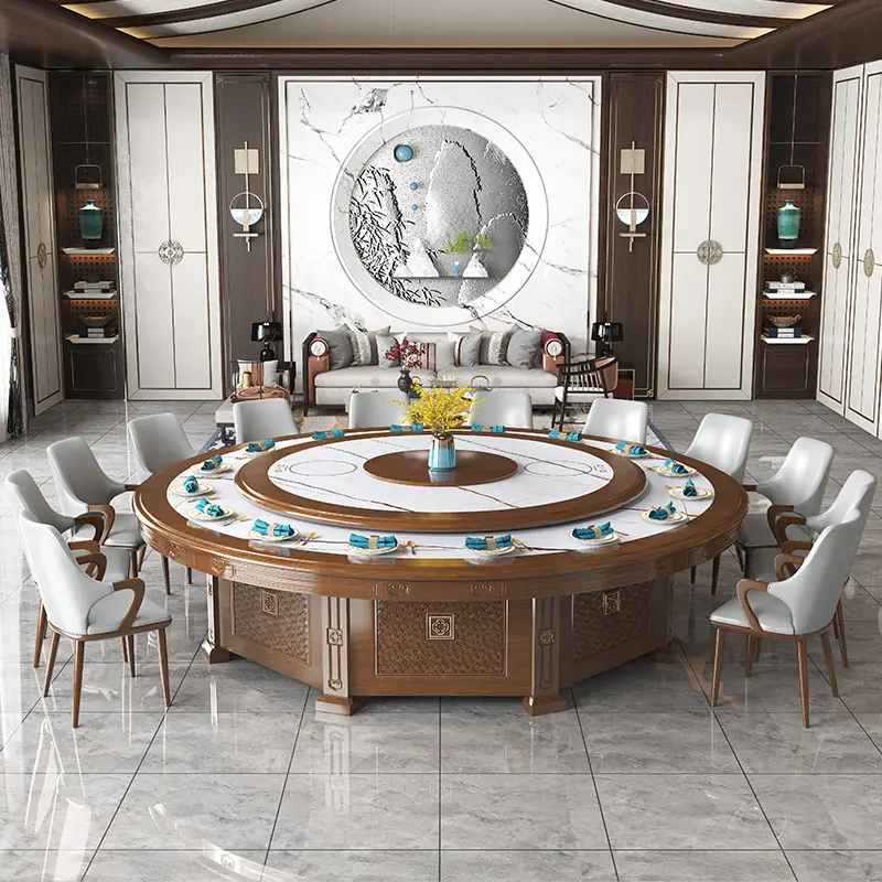 Hotel Dining Table Electric Large Round Table Commercial Banquet Solid Wood