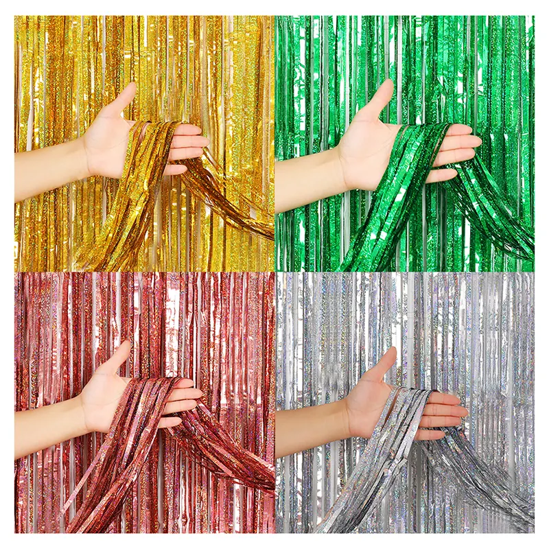 1m x 2m Laser dot Gold Tinsel String Foil Fringe Rain Curtain Shiny Shimmer Festival Wedding Birthday Party Decoration