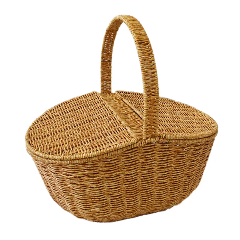 Handgemachte PP Kunststoff Picknick korb Rattan gewebte Aufbewahrung sstil mit Deckel Großhandel Wicker Picknick korb