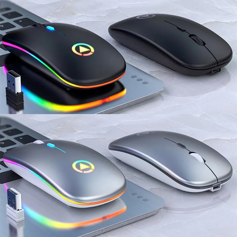 RGB 7 צבע נשימת אור 2.4GHz אופטי אלחוטי עכבר נטענת אילם שקט משרד דק USB עכבר