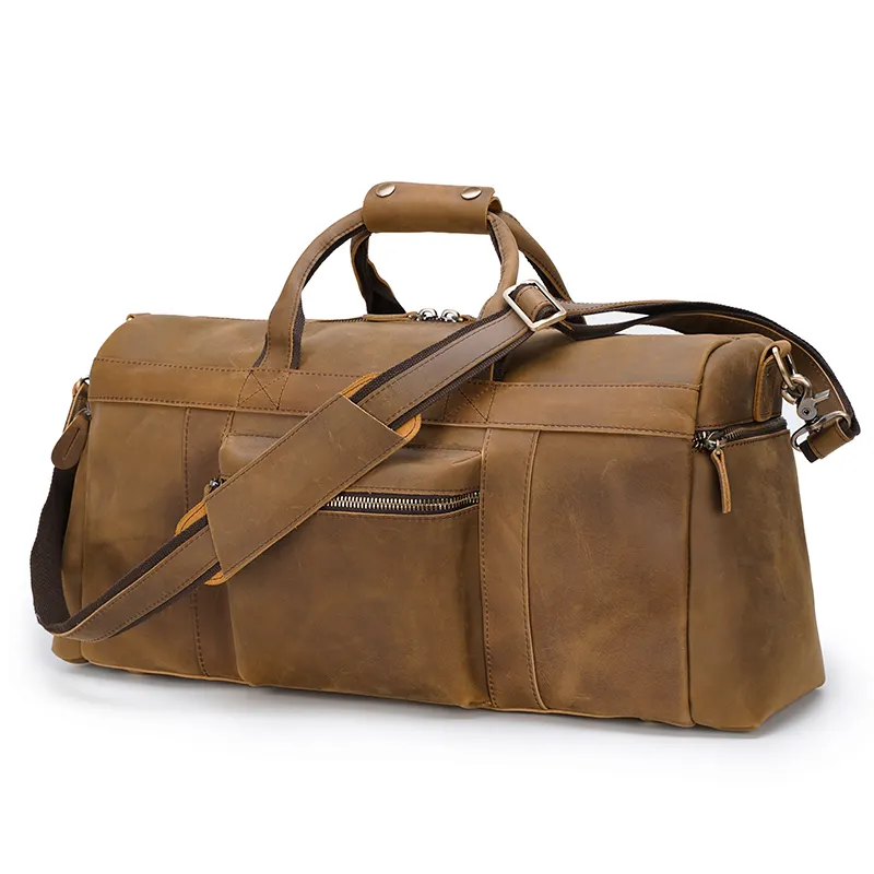 Tiding Brown 100% Genuine Leather Mens Weekender Duffle Bag Wholesale Brand Name Antique Men Leather Travel Bags