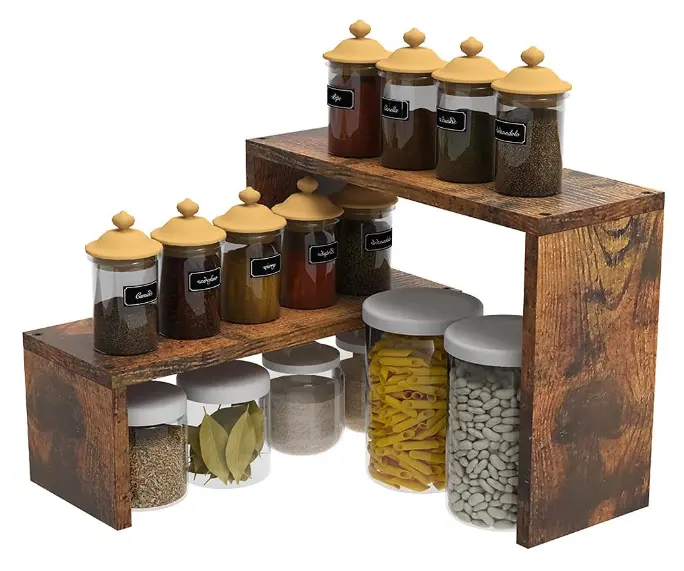 2 Tier Stackable Expandable Corner Spice Rack for Kitchen Countertop Cabinet Pantry Organizer Rustic Brown Wooden Corner Shelf