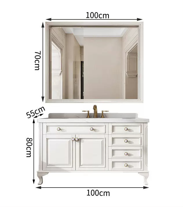 Piano di lavoro integrato in pietra da 100 cm con lavabo in ceramica + specchio smart