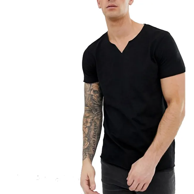 Camiseta de algodón con cuello de muesca negra para hombre, camisa con estampado personalizado de alta calidad, nuevo estilo