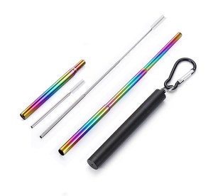 室外9英寸彩色吸管可重复使用可折叠吸管金属伸缩吸管，带外壳 - Product Image 1