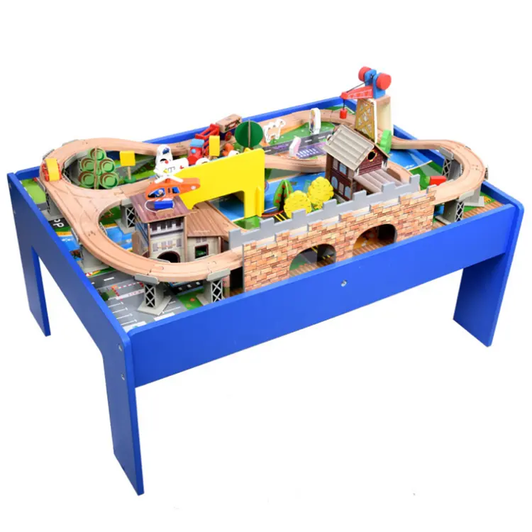 98 Pcs Creative Houten Diy 3D Spoor Trein Met Tafel Ontwerp Kinderen Speelgoed