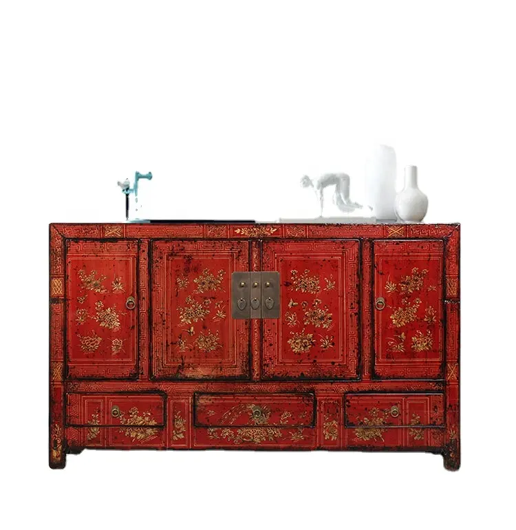 Mueble antiguo chino de madera maciza, aparador pintado a mano