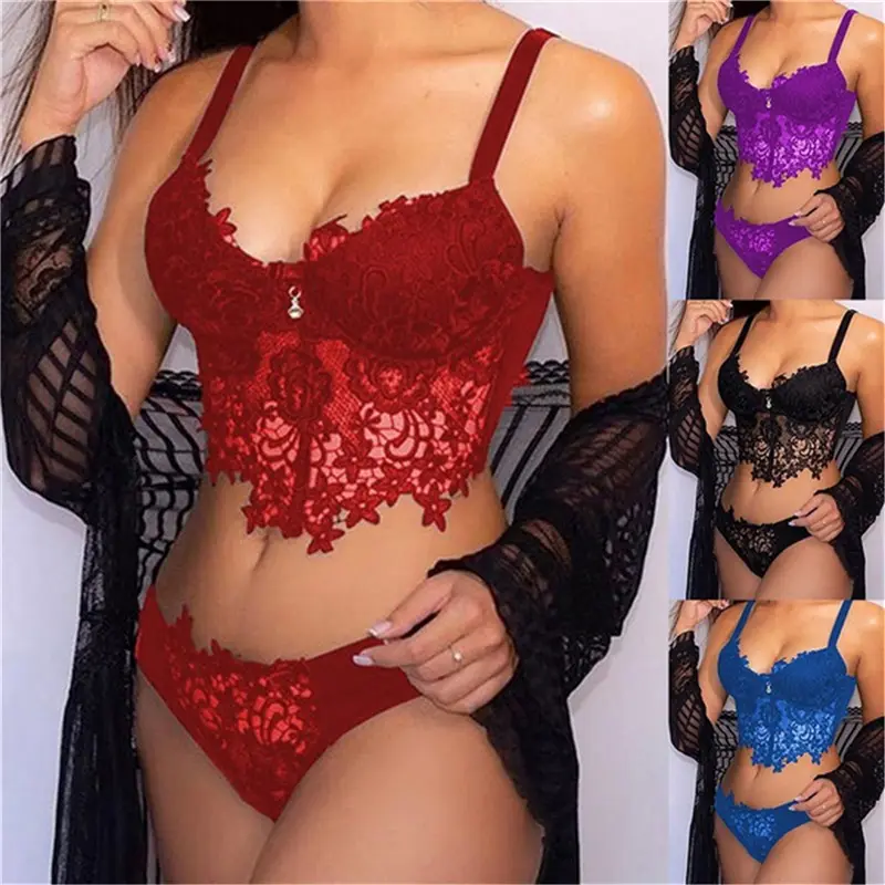 High Quality Lace Bralette Black Embroidered Two Piece Lingerie Bra and Panties Set for Women