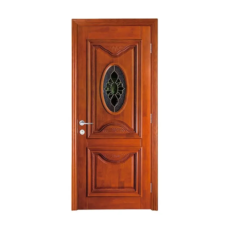 Vitral ovalado de lujo, 2 paneles alzados tallados, diseño de puerta de madera italiana para villa