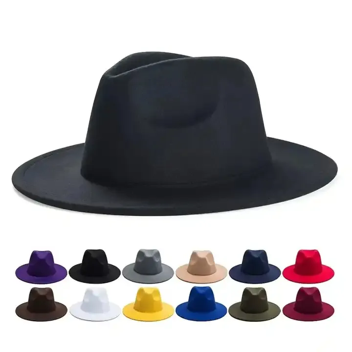 Cappelli Panama Fedora tinta unita a tesa larga 7CM cappello in feltro di lana Trilby a tesa larga
