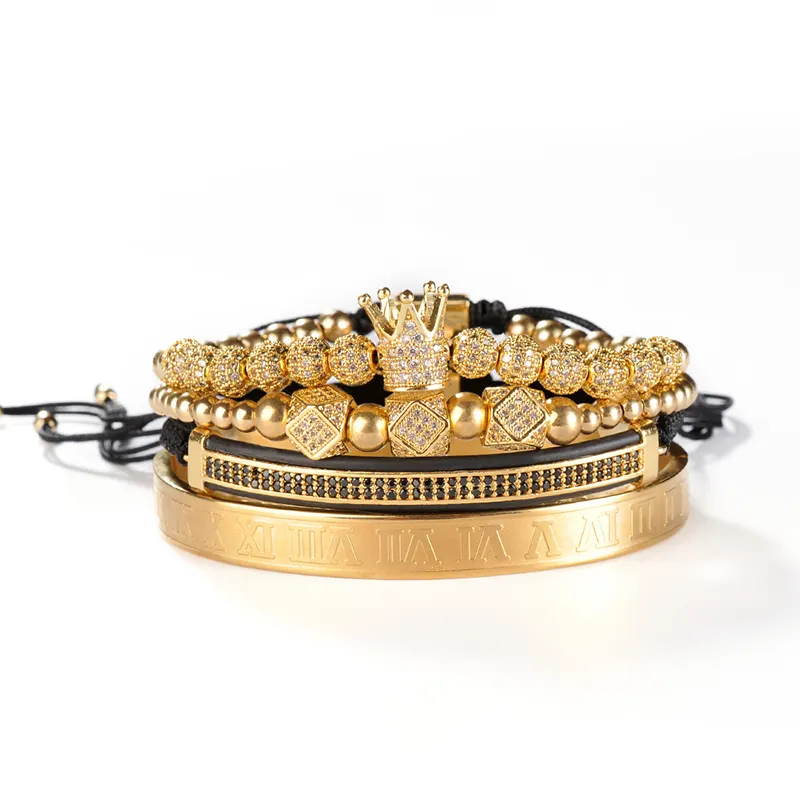 F172 bijoux de luxe en gros personnalisé 18k plaqué or ensemble manchette réglable homme couronne perles bracelet bracelet pour cadeaux