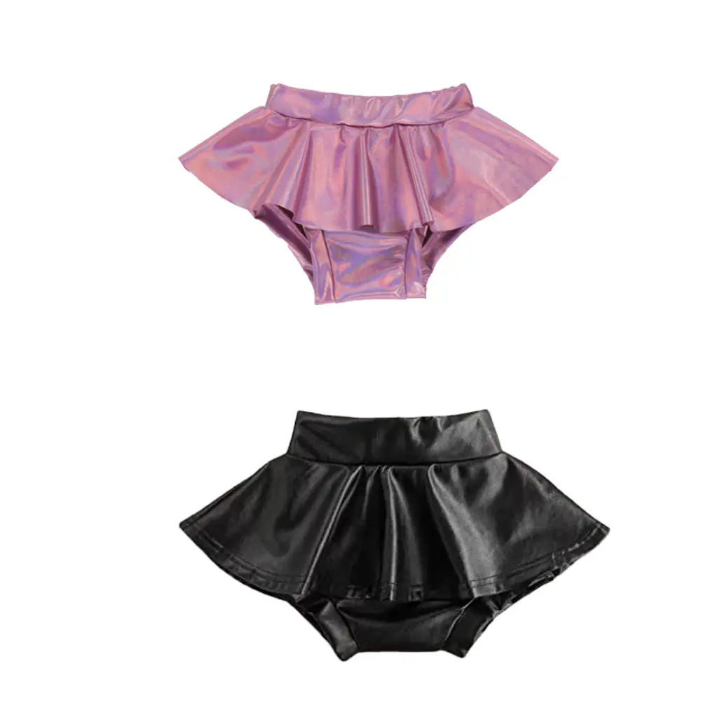 FuYU Wholesale Girls Leather Solid Pink And Black Color Bodycon Skirt Infant Baby Hem Pleated Ruffle Wrap Culottes