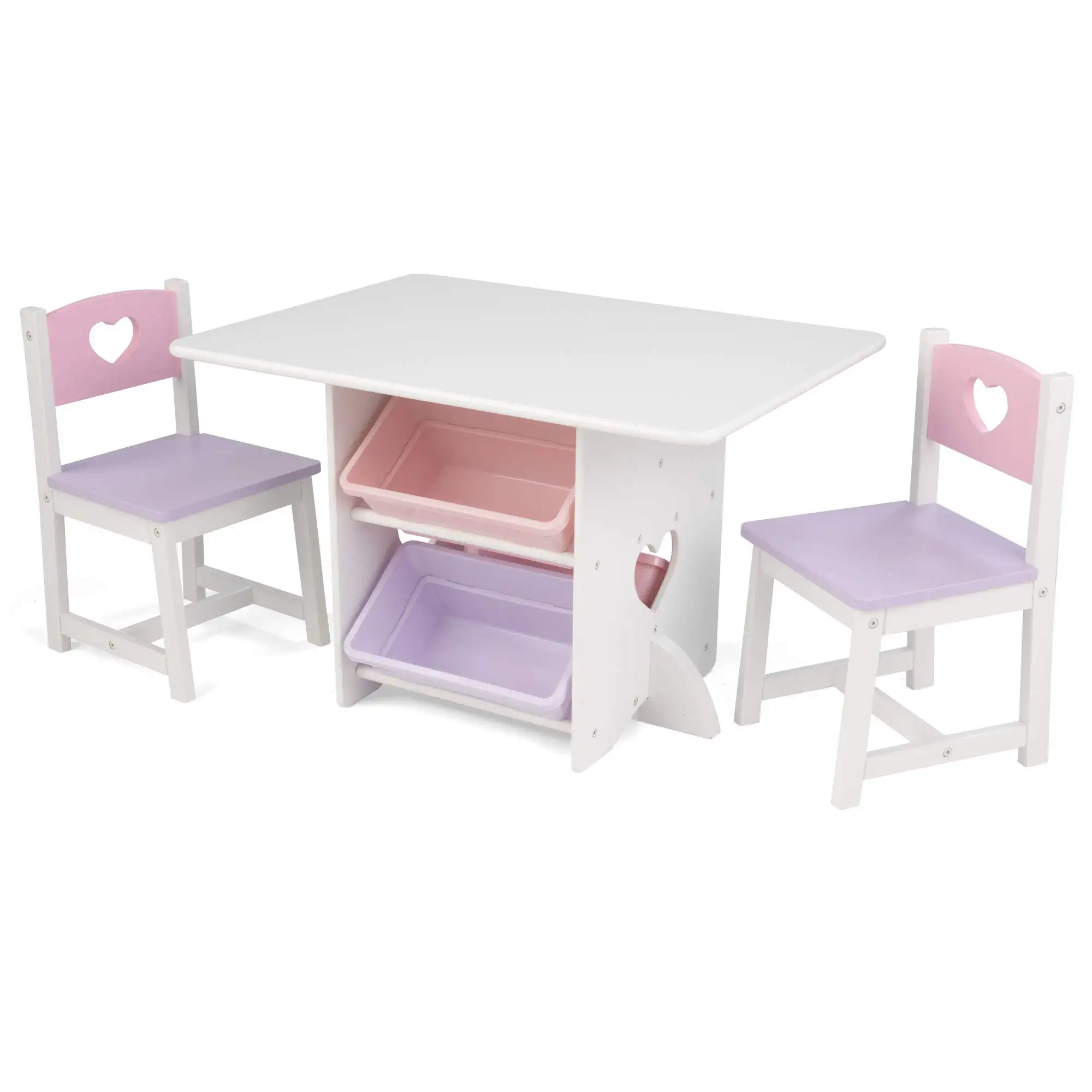 סט שולחן וכיסא מגולף בצורת לב מעץ לילדים למכירה חמה עם 4 פחי אחסון, מתנה לריהוט ילדים לגילאי 3-8