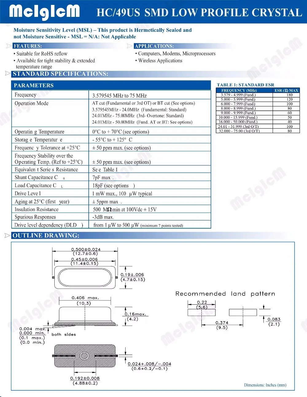 كريستال كوارتز SMD HC-49S 3.579MHz 3.579545MHz 20ppm 20pF جهاز رنين