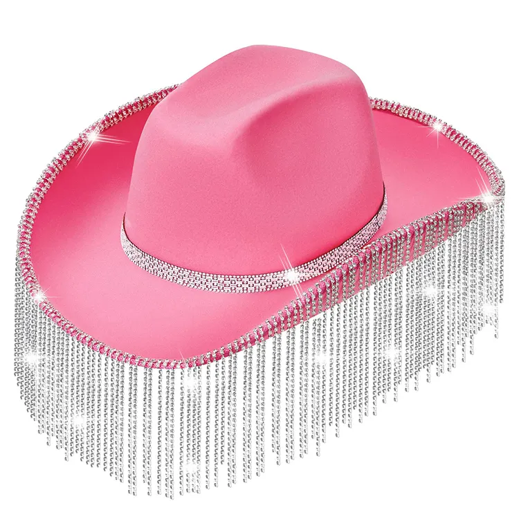 Sombreros de vaquero bonitos para mujer de estilo elegante con borla de diamante diseño personalizado sombrero de vaquero rosa