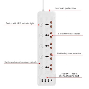 Toma de corriente universal multiinterruptor con protección contra sobrecarga, salidas de 5 vías con USB A y USB C, tira de alimentación móvil portátil