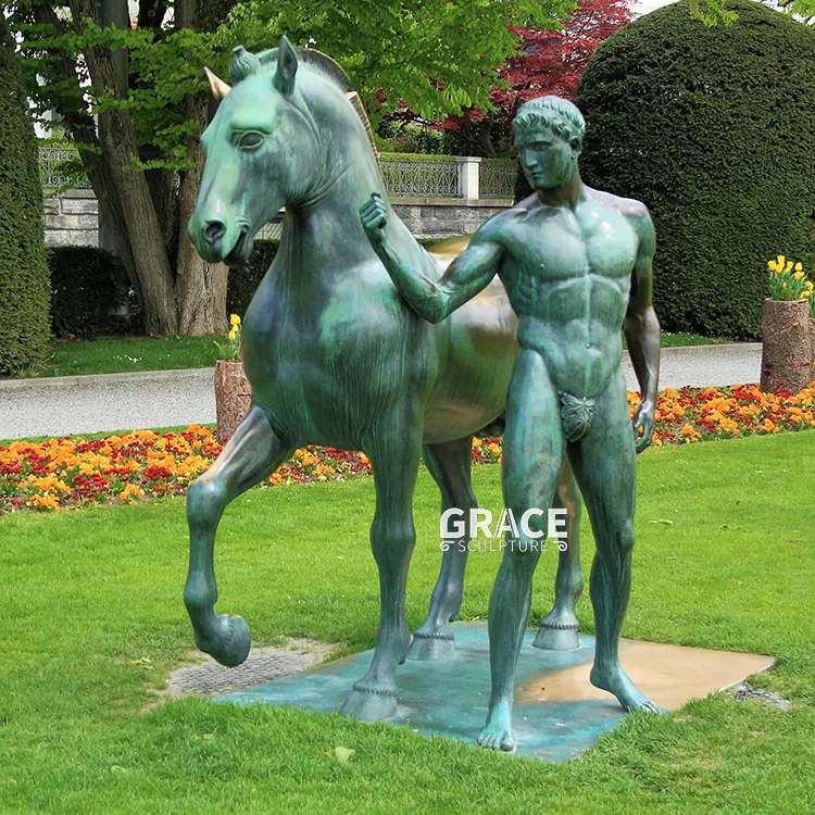 Outdoor Decor Bronze Strong Man And Horse Statue Life Size Brass Statue