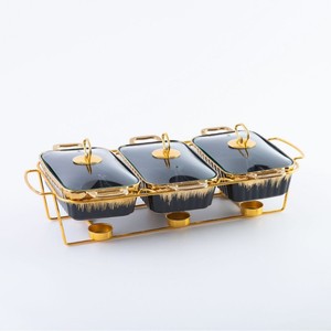 砂锅三格双耳陶瓷烤盘家用器具加热汤锅干锅3pcs烤盘