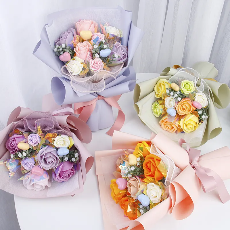 Cadeau de mariage romantique en roses, 25 pièces, décoration pour la maison, Bouquet de fleurs artificielles, avec un joli sac en papier