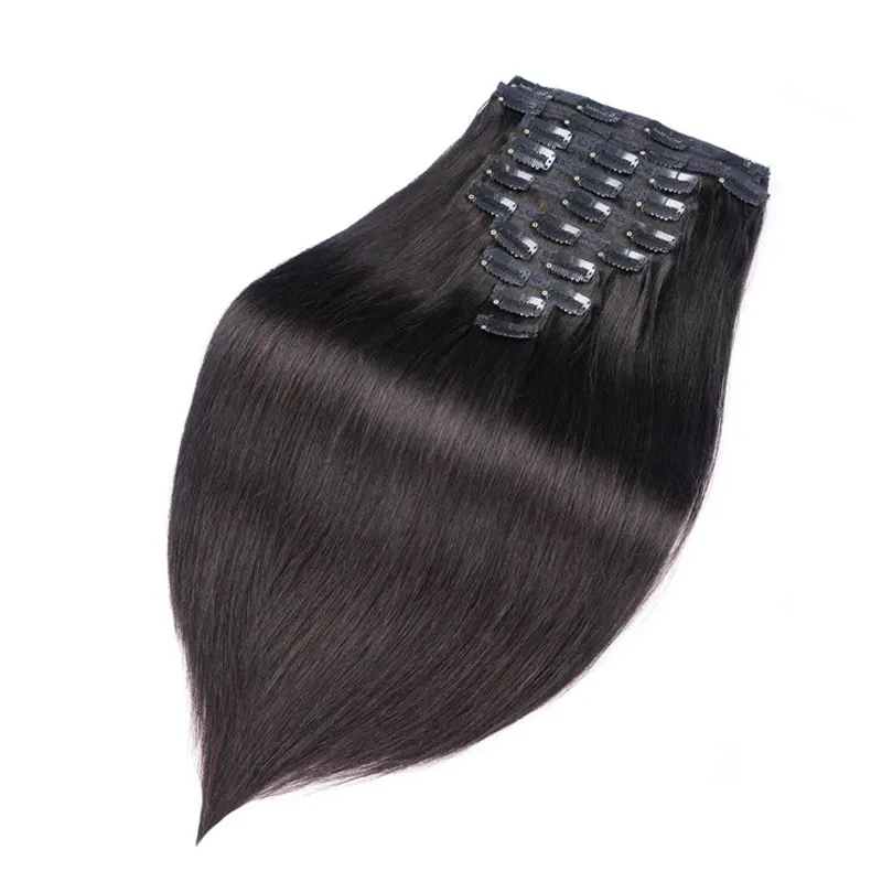 Clipe real para cabelo humano 100% remy, cabelo virgem natural, longo e liso, clipe invisível sem costura, extensão de cabelo