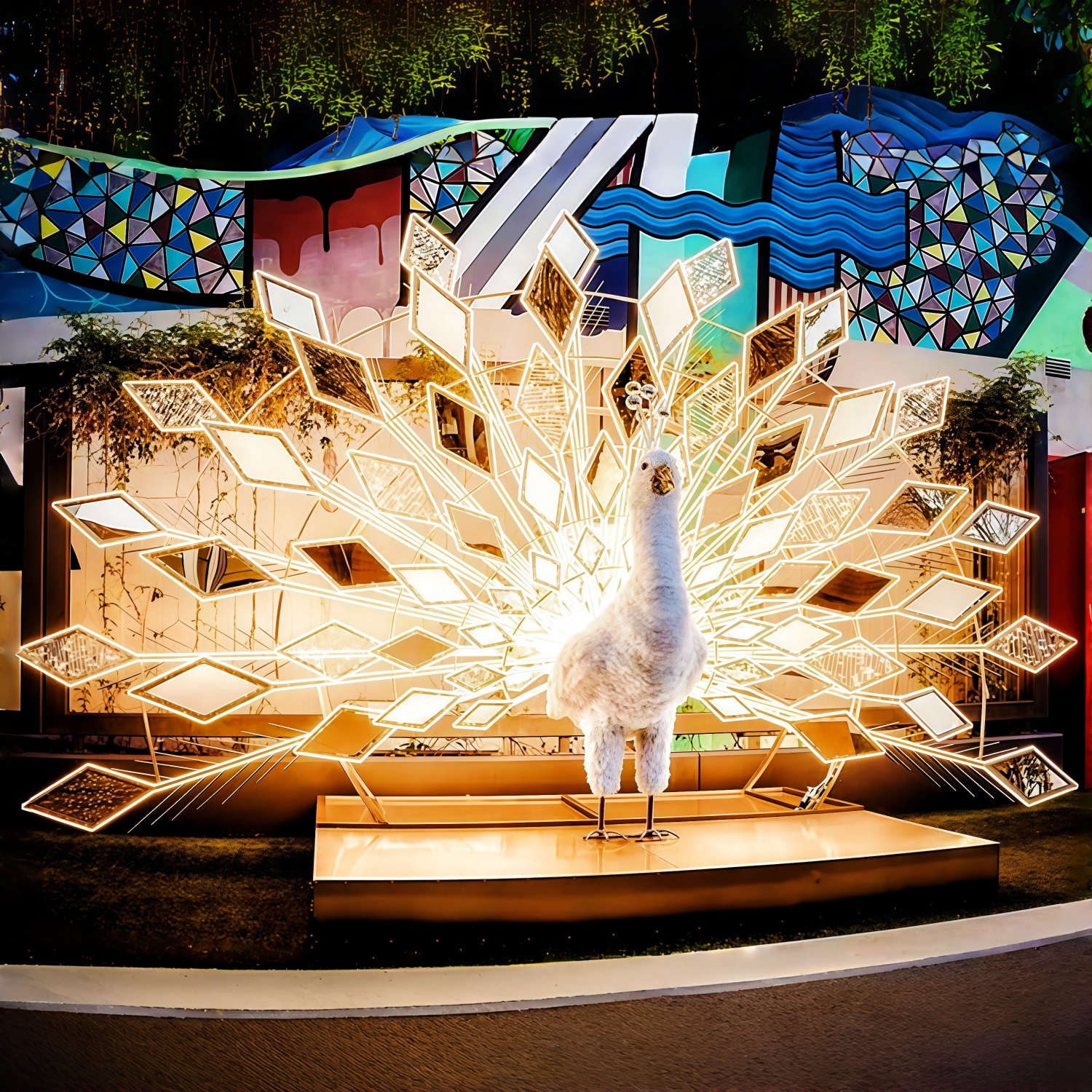 Luz con motivo de pavo real metálico