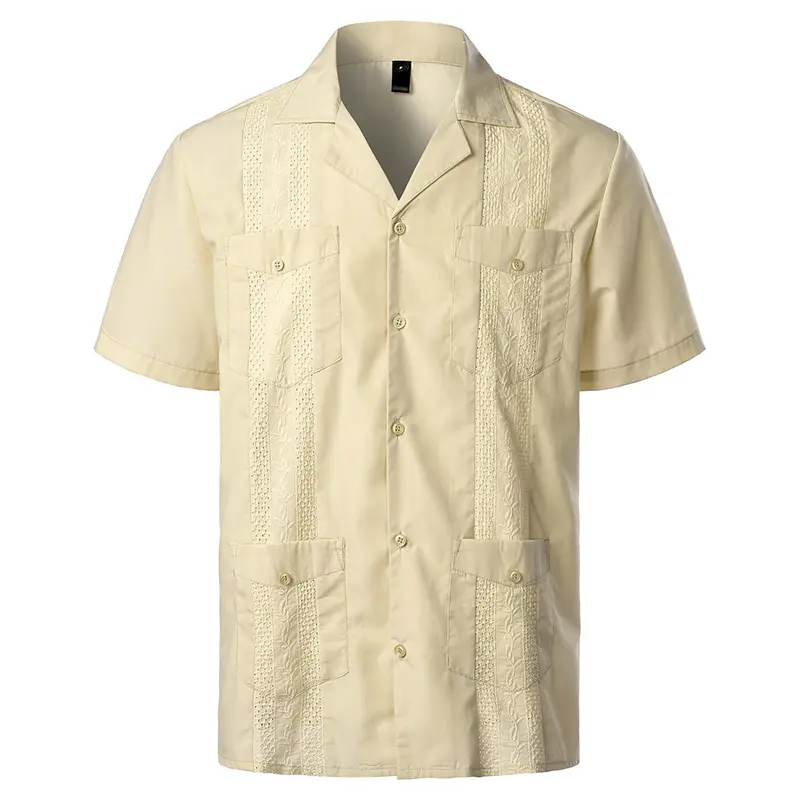 Camisa de manga corta para hombres, camisa de alta calidad con logotipo personalizado de campamento, Oem, gran tamaño, con cuello de campo cubano, nueva moda