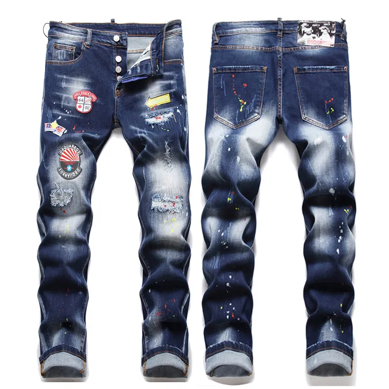 AeeDenim Atacado Novo Estilo dos homens Afligido Destruído Badge Pants Arte Patches Jeans Skinny Calças Finas Homens Denim Jeans