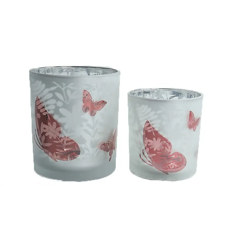 Customized Red Butterflies Flowers Pattern Frosted Color Internal Electroplating Candle Jar Holder Wooden Lid Home Decoration