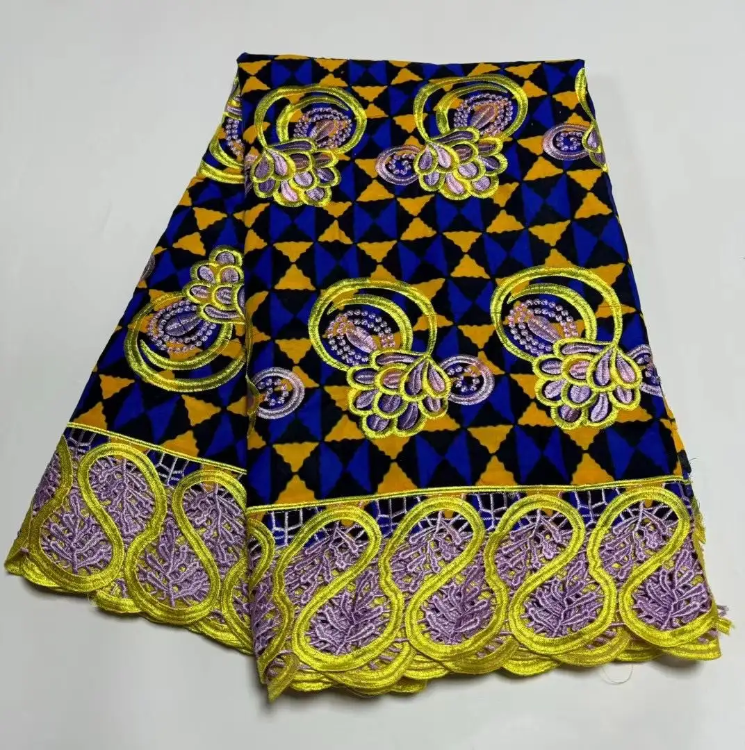 HFX In Stock African Indian Printing and Dyeing Cerecloth Embroidery Sequin Flower Clothing and Dress Fabric Lace embroidery
