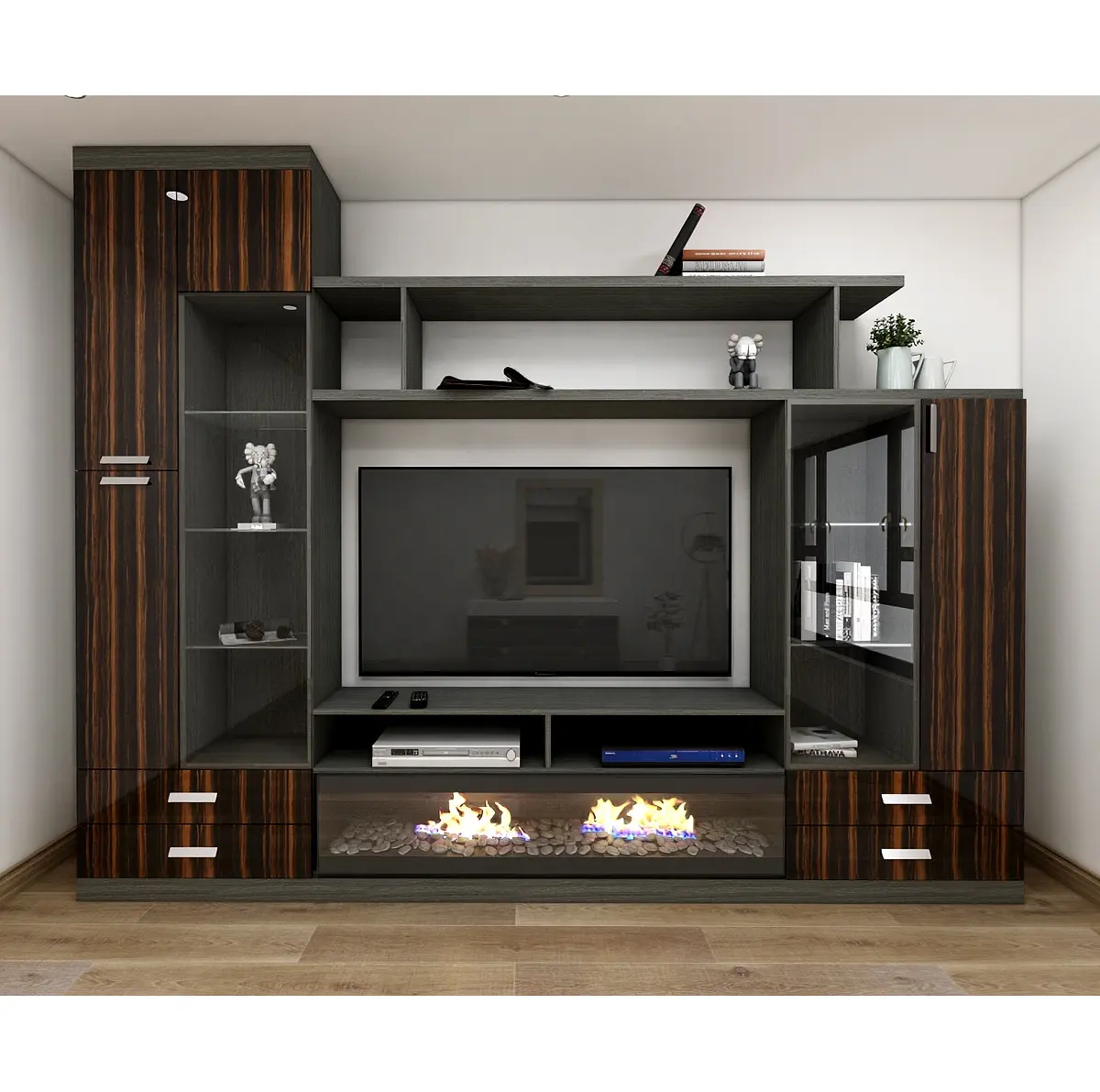 Mueble de TV de cristal con montaje en pared, mueble para sala de estar con chimenea eléctrica, diseño moderno