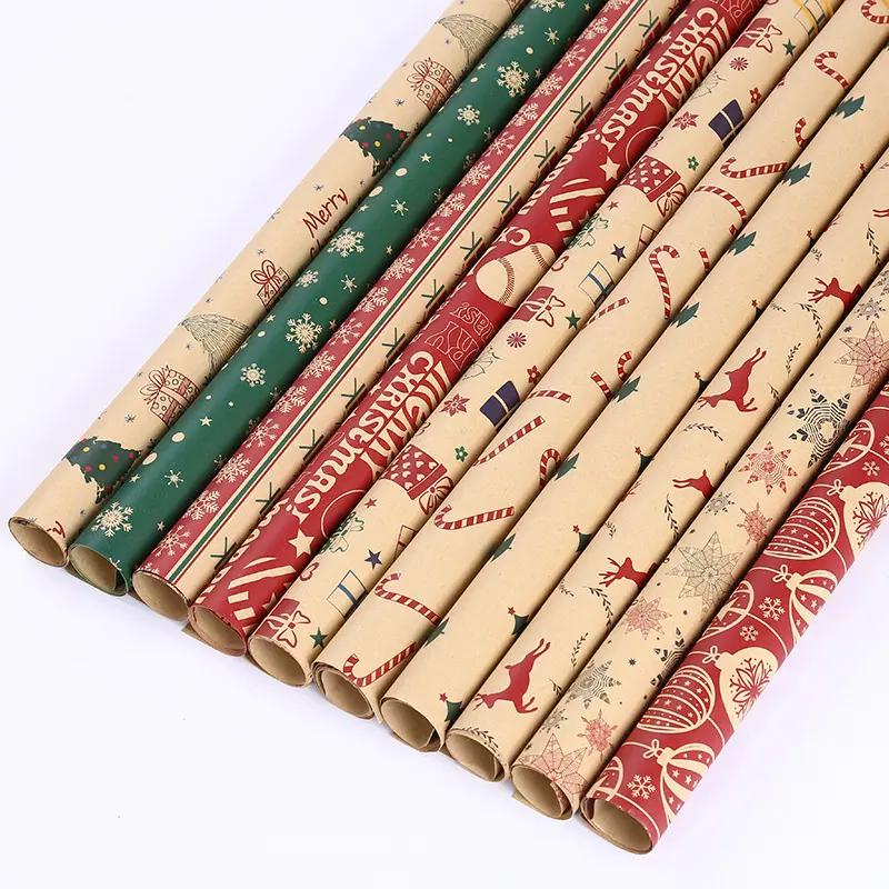 Creative Decorative Paper Santa Snowman Snowflake Printed Brown Kraft Christmas Wrapping Paper Gift Box Packaging Paper