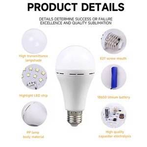 หลอดไฟ LED ฉุกเฉิน9วัตต์ E26 B22ฐาน E27ที่ใช้พลังงานแสงอาทิตย์แบบเรียกคืนได้แหล่งกำเนิดแสง SMD สำหรับโกดังรุ่นที่ได้รับการรับรองจาก ROHS EMC A60 - Product Image 4