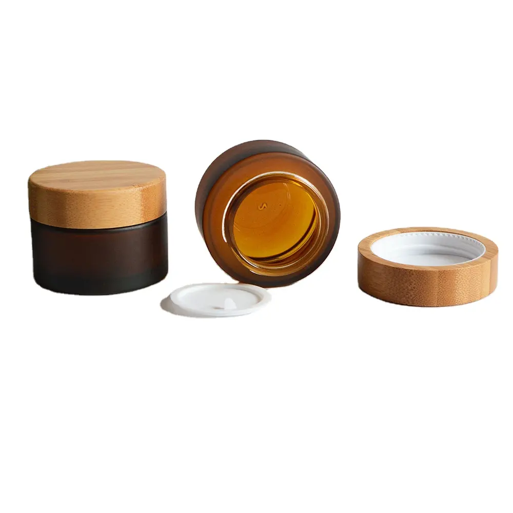 Frasco de crema cosmética de vidrio ámbar esmerilado de 50g, contenedor de cosméticos recargable con tapas de bambú y revestimientos interiores