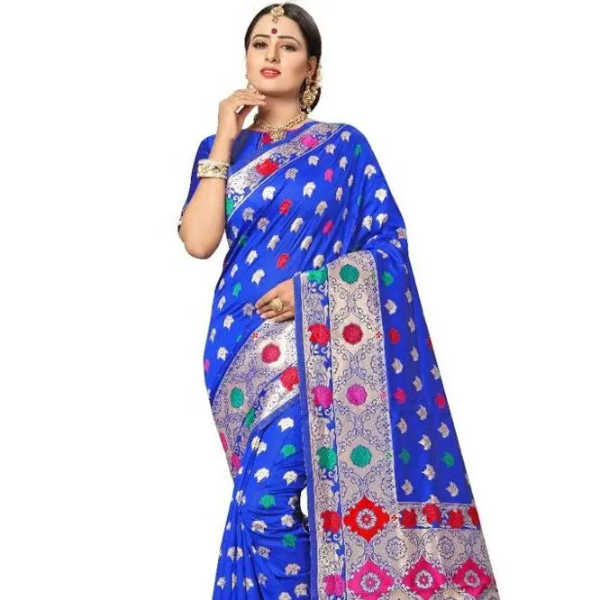 Königsblau mit schönen indischen Druck Banarasi Style Pure Banarasi Ethnische Kleidung Made In India Damen tragen Online-Kleidung