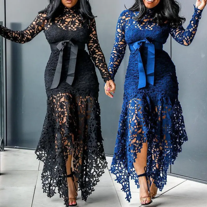 2023 venditore African damigella d'onore Hollow Mesh Lace manica lunga Maxi abiti donna Plus Size Ladies Lace Party abito da sera Sexy