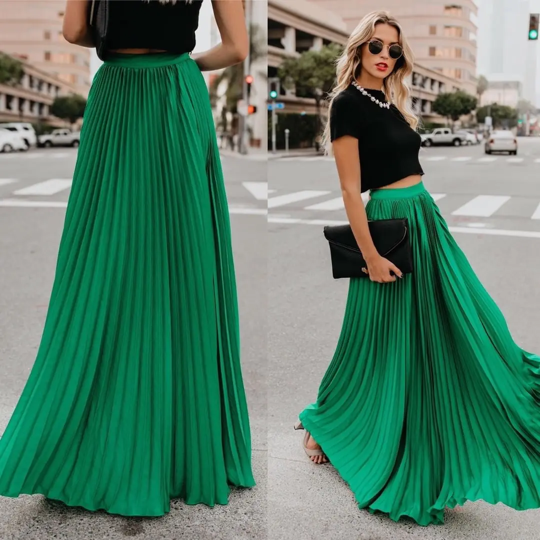 Falda larga Retro para mujer, Falda plisada de estilo brillante elegante a la moda, informal, primavera y verano, 103-105cm, 10%