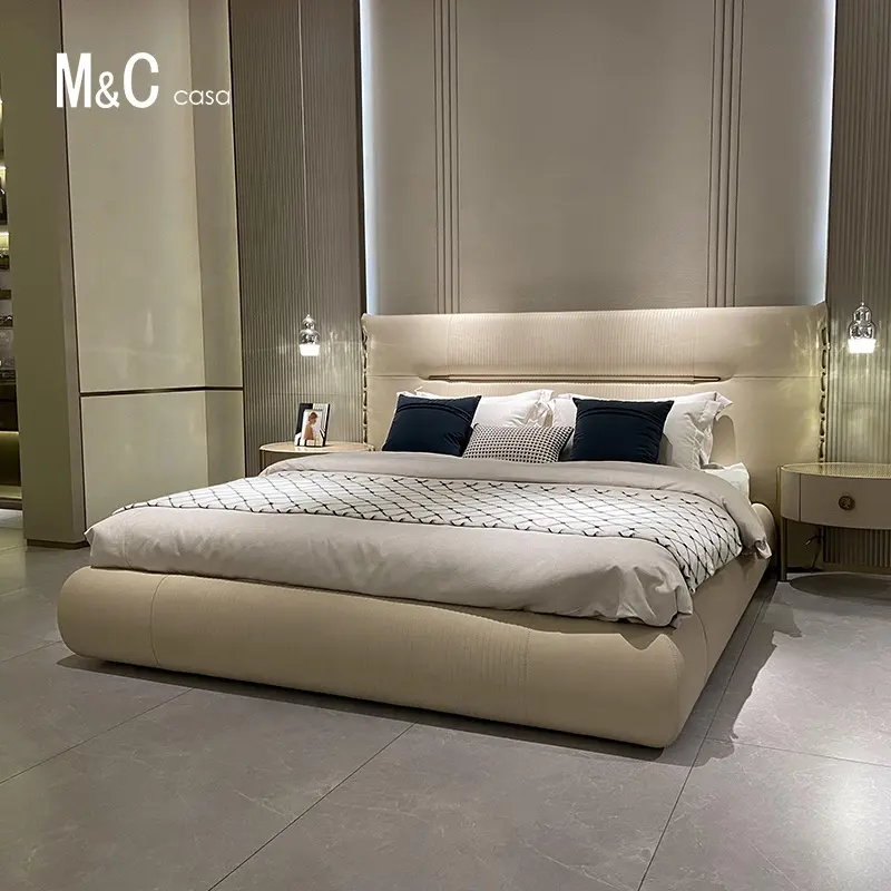 Conjunto de muebles de dormitorio de tamaño grande, diseño de lujo, estilo italiano moderno, cama doble de cuero