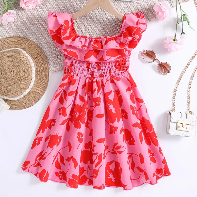 Ropa para niños europeos y americanos, novedad de verano, vestido de princesa de estilo coreano con tirantes finos y volantes, vestidos informales para niñas