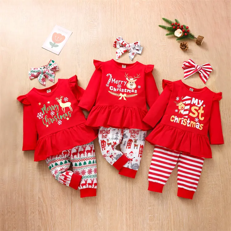 Grosir Set Pakaian Natal Bayi Perempuan Kaus Kerut Lengan Panjang dengan Celana Anak Perempuan Pakaian Natal Pakaian Anak-anak